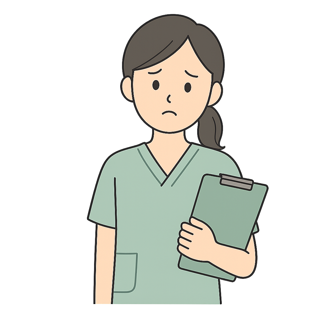困り顔でクリップボードを持つ介護スタッフのイラスト