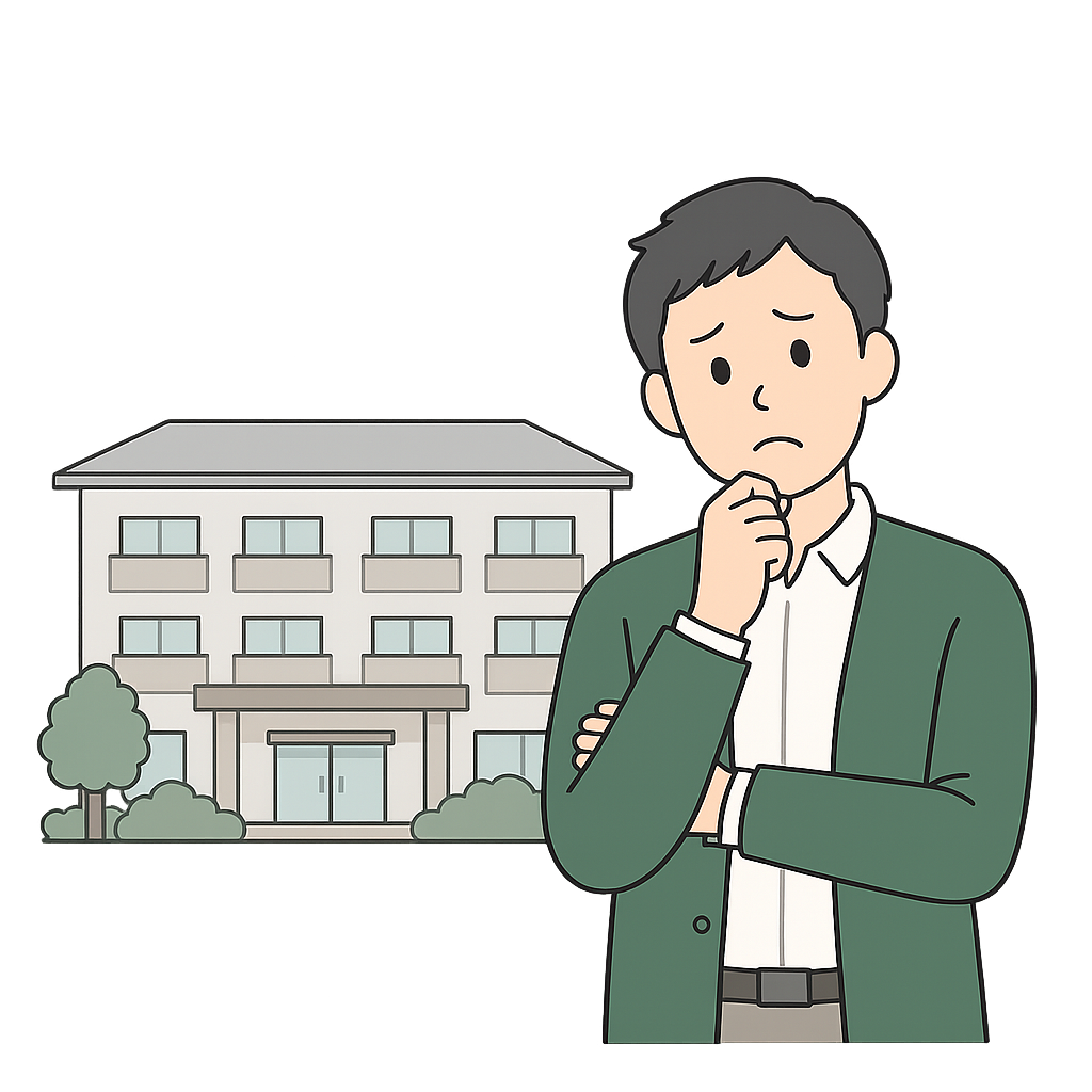施設を背景に考え込む管理者のイラスト